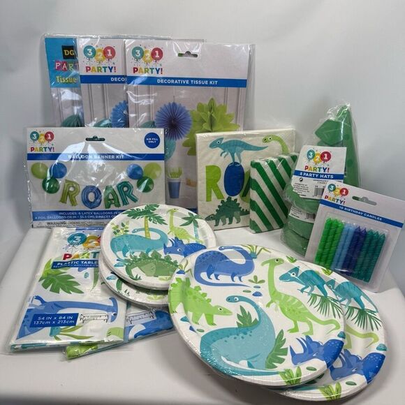 D25   Party Decorations- 14 piece dinosaur birthday party decorations - plates, - Picture 1 of 6